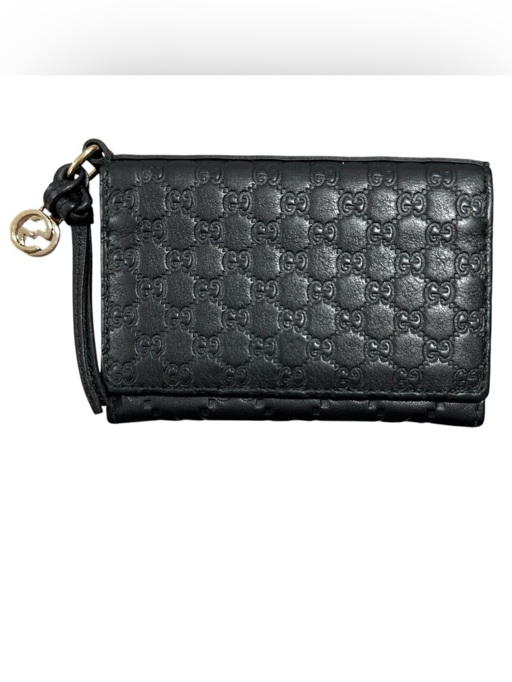 Gucci Black Microguccisima Embossed Monogram Leather & Gold GG Charm Card Holder - Picture 10 of 12